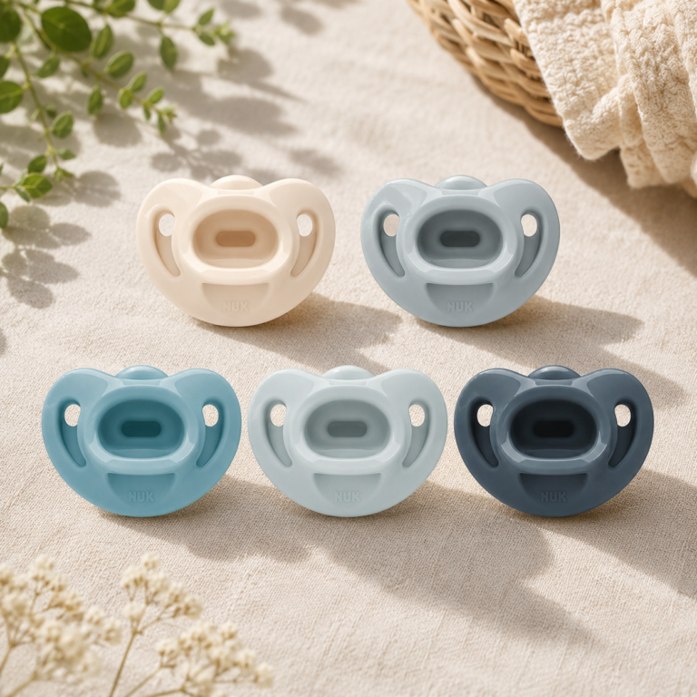 NUK 100% Silicone Comfy Orthodontic Pacifiers, 0-6 Months, Blue Fashion, Timeless Collection, 5 Count