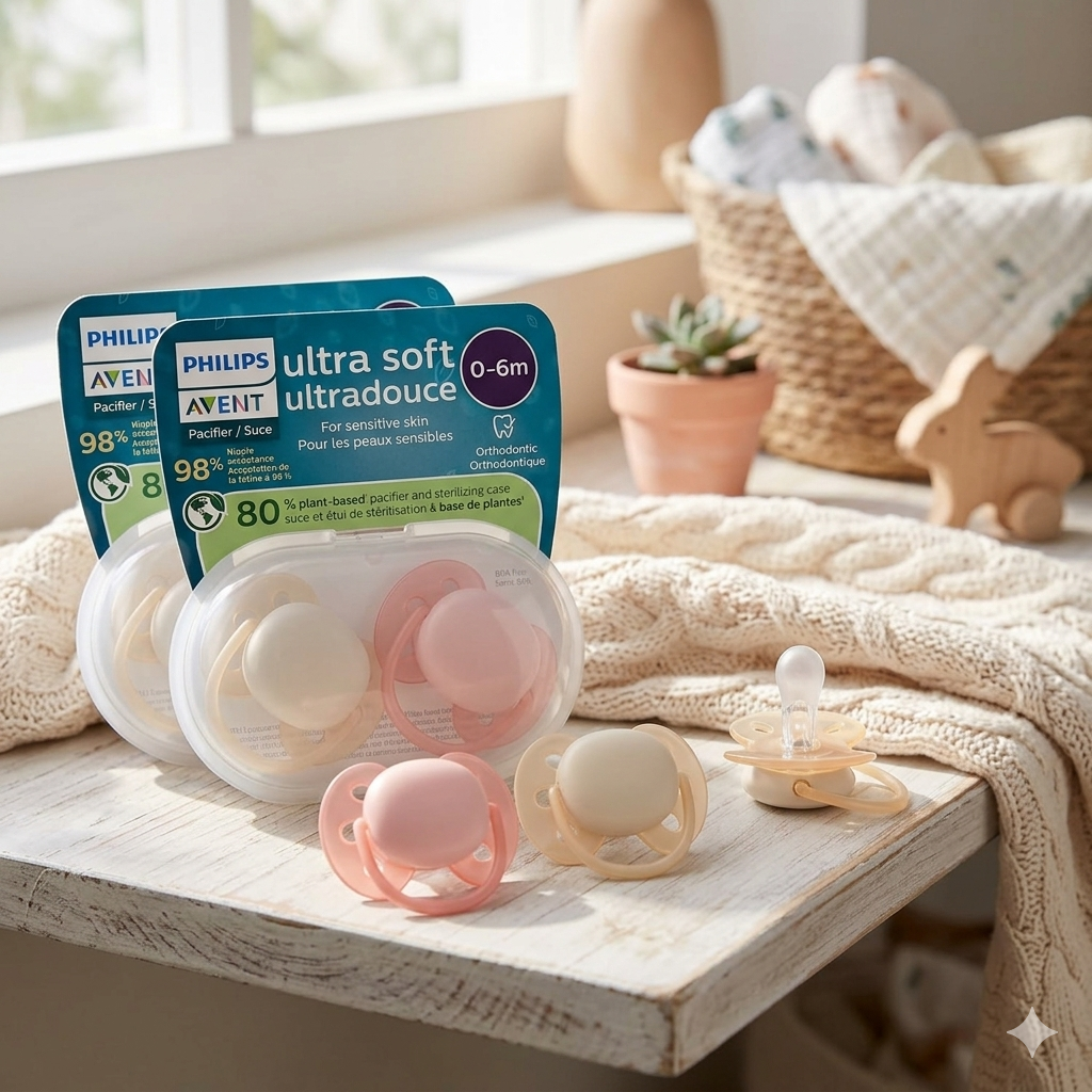 Philips Avent Ultra Soft Pacifiers - Orthodontic Design, for Babies 0-6 Months, Flexible Shield, Silicone Symmetrical Nipple, BPA-Free, 2 Sterilizing Cases, 4 Pack, SCF091/47